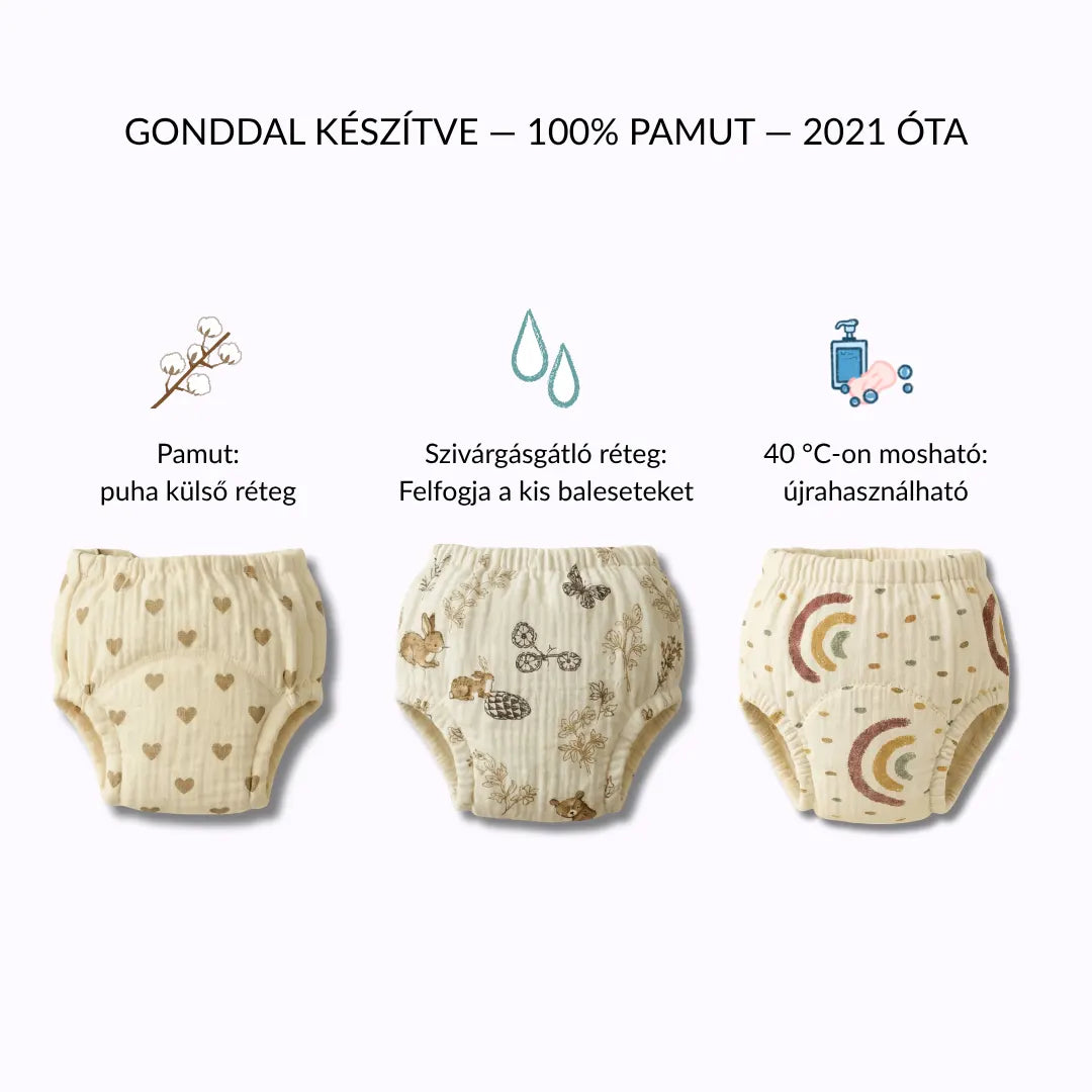 Leszoktató Bugyi - Szobatiszta 2-3 Hét Alatt - 100% Újrahasználható Pamut - Könnyen Felhúzható 18 Hónapos Kortól